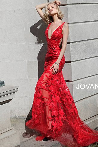 Jovani 60283  Plunging Neckline Prom Dress 60283 Evening gown Sheer mesh, sequin flower appliques, form fitting silhouette, floor length, sleeveless bodice, plunging V neck, V back, sheer mesh inserts on the sides. Available size 10 - Red