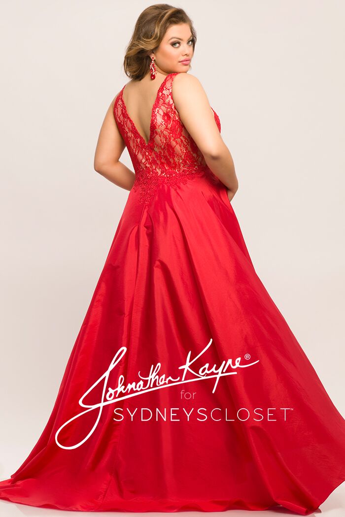 Johnathan Kayne for Sydneys Closet JK2016 Stingray halter neckline fitted lace plus size prom dress with flowy chiffon overskirt  Evening gown pageant gown