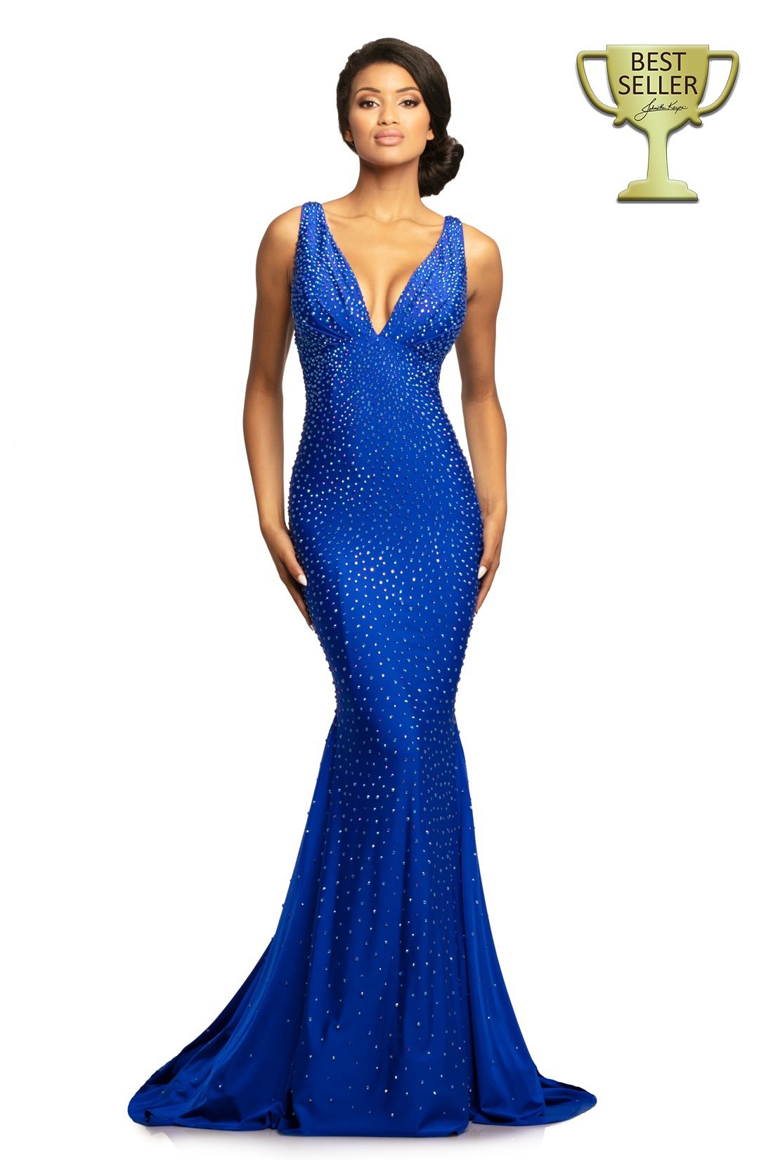 Johnathan Kayne 9213 is an embellished stretch Prom Dress, Pageant Gown & Formal Evening Wear. One of Johnathan Kayne's favorite styles for the Fall season, this elegant 4 way stretch lycra gown has a modern empire bodice and hugs the body all the way to the dramatic train. Adorn in shimmering crystals, this gem of a gown will turn heads.