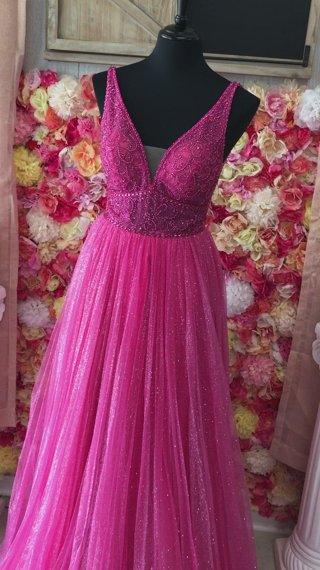 Jovani JVN05818 - JVN 05818 is a Gorgeous Long Glittering Tulle A Line ballgown prom dress. Featuring a sheer Fitted V Neckline bodice with crystal rhinestone embellishments. Open V Back. Look like a princess in this stunning formal evening gown.  Fuchsia size 8  Available Sizes: 00,0,2,4,6,8,10,12,14,16,18,20,22,24  Available Colors: Blush, Fuchsia, Light Blue