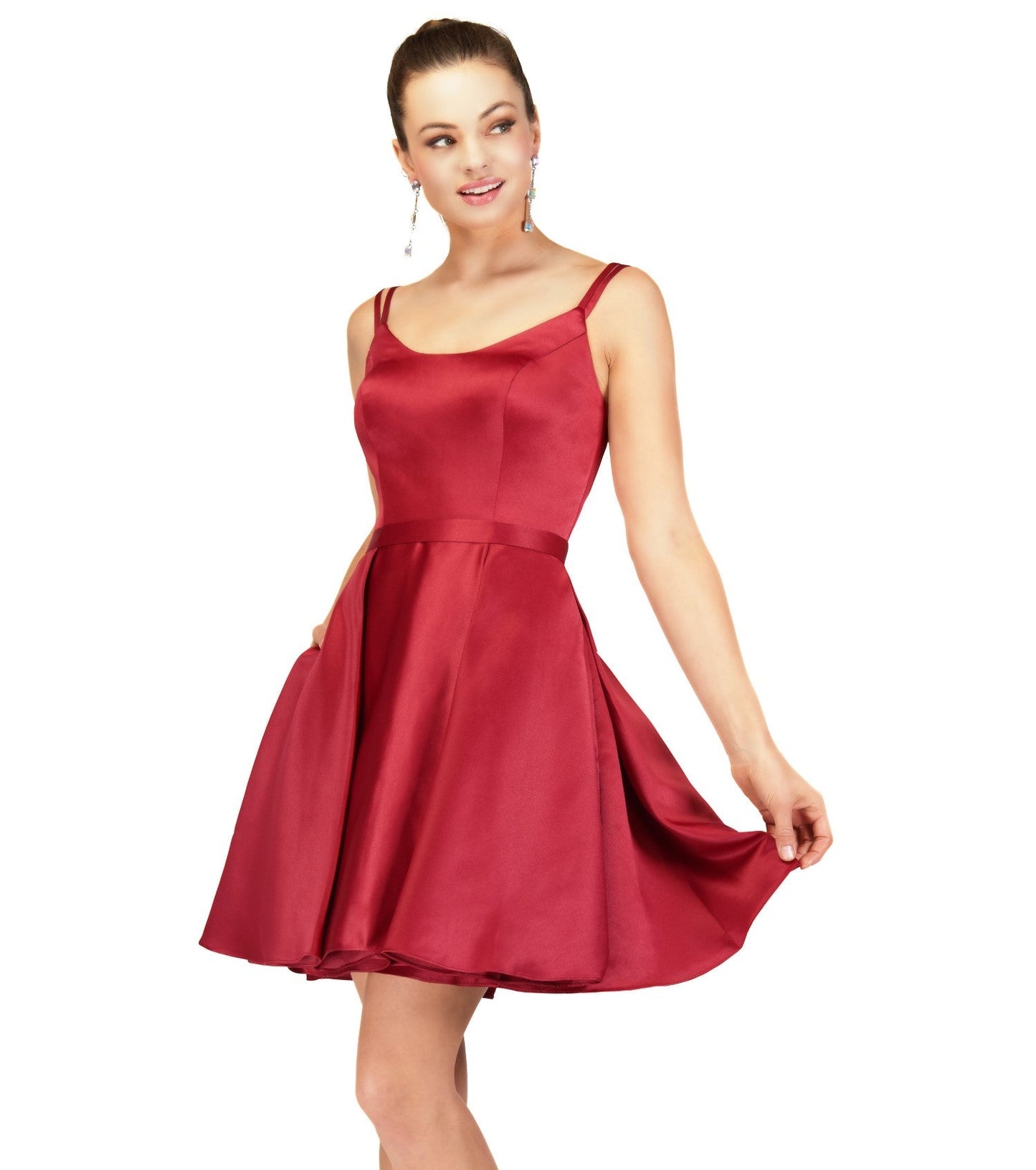 Abby Paris 94050 Short A Lone Homecoming Dress Pockets Scoop Neck Formal Cocktail Gown  Fabric: Satin Length: Short Neckline: Scoop Neck Silhouette: Round Special Features: High Back, Pockets Available Sizes: 0-24 Available Colors: Wine, Emerald, Powder Blue, Yellow, Black