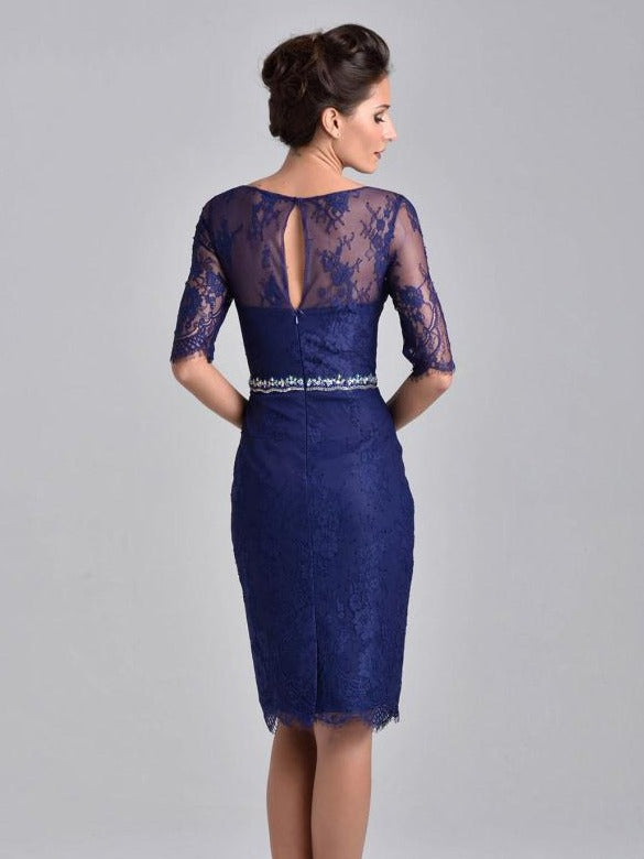 Nina Canacci M214 is a short fitted formal evening cocktail dress. featuring a sheer eyelash lace high neckline and lone 3/4 sleeves. Fitted solid lace knee length gown has eyelash lace hem. Perfect for wedding guest, Mother of the Bride/Groom, Formal & Semi formal events! Matching solid 3/4 cuff sleeve bolero jacket.  Available Sizes: 6, 8, 10, 12,18  Available Colors: Grey, Black, Wine, Navy