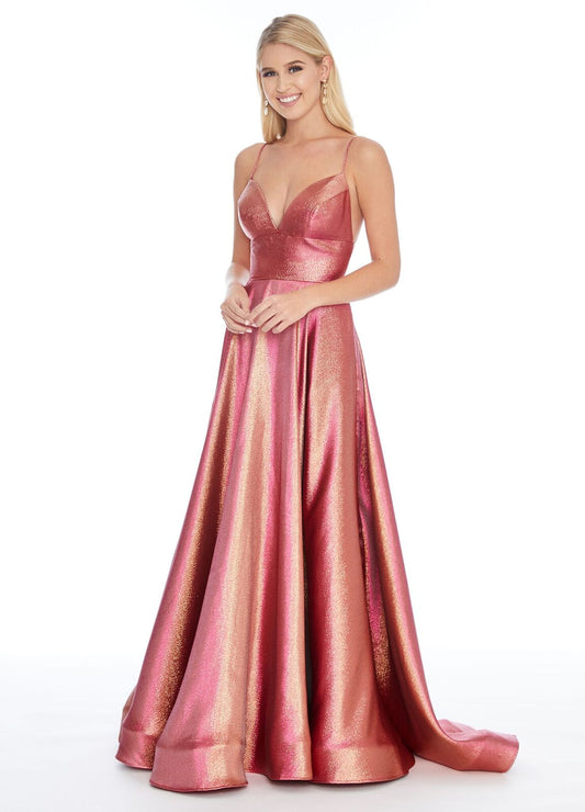 Ashley Lauren 1937 Hot Pink/Gold Prom Dress sz 4,6,8 Metallic shimmer v neckline A line