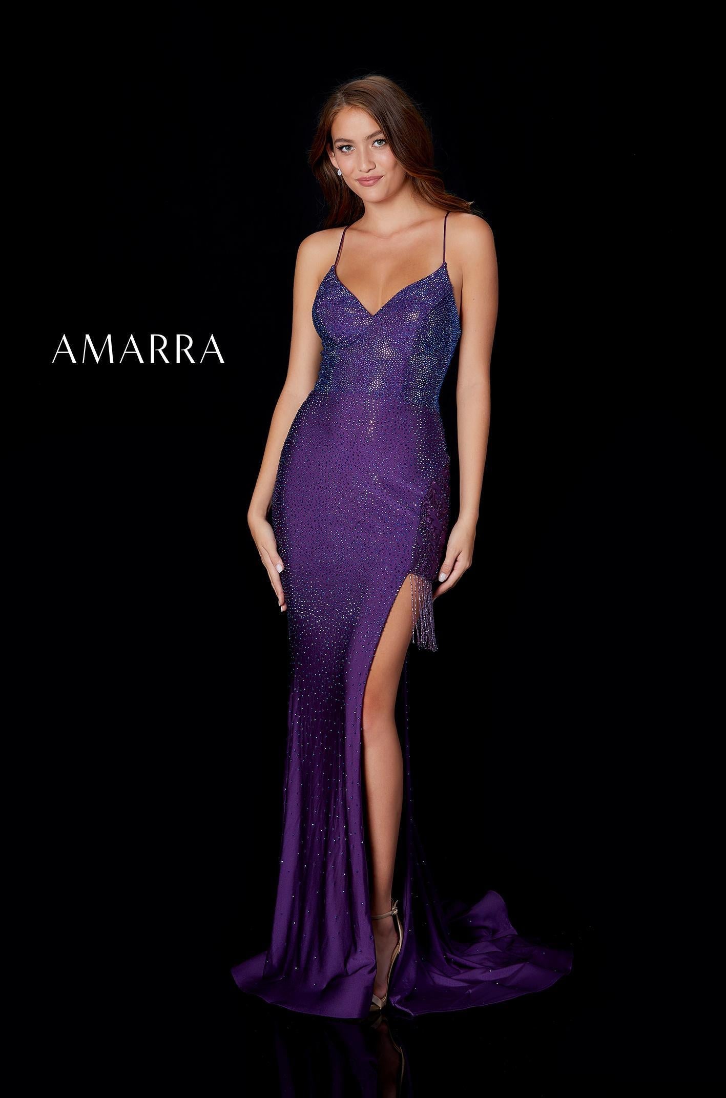 Amarra 87264 Long Fitted Side Slit Fringe Prom Dress Formal Backless Gown V neckline. Jersey crystal rhinestone embellished  available sizes: 00-16  Available Color: Plum 