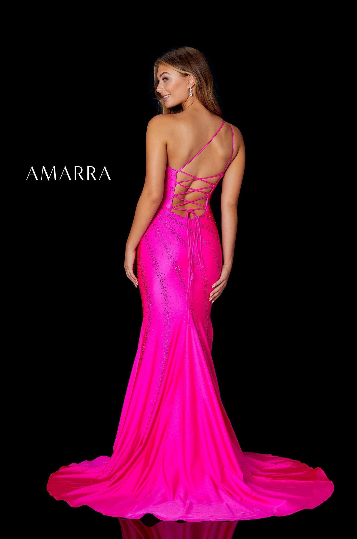 Amarra 87306 Long Fitted Jersey One Shoulder Crystal Embellished Dress Slit Prom Pageant Fitted one shoulder rhinestone jersey gown featuring a high leg slit, low lace-up back, and sweep train.  Available Sizes: 00-16  Available Colors: Bright Fuchsia, Green, Turquoise