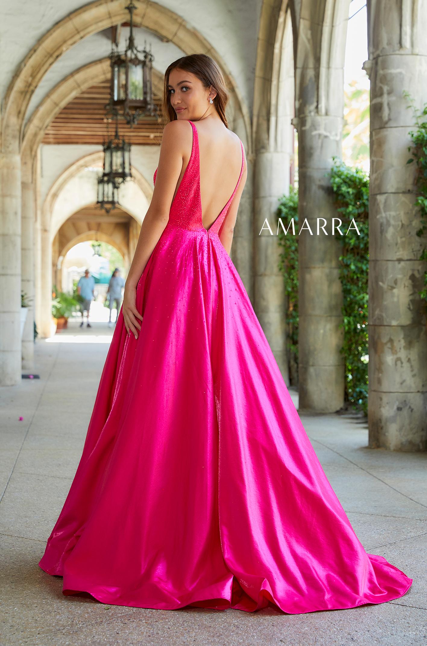 Amarra 87309 Long A Line V Neck Prom Dress Pockets Backless Formal Ball Gown Rhinestone ball gown featuring a V-neckline, side panels, open back, and sweep train. Satin  Available Sizes: 00-16  Available Colors: Bright Fuchsia, Purple, Turquoise