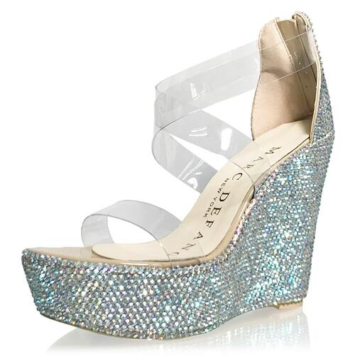 Marc Defang ANGELINA AB CRYSTAL Pageant Platform wedge heel prom shoe  DESCRIPTION Featured crystals: AB Crystals 5.5" heels, 1.75" platforms Clear toe strap featured, straps are structured comfortably to fit the feet silhouette. Medium Width, Strappy wedges Light weight, performs amazingly well on stage and runway. Size runs true to size based on US standard Regular Fit.  Available Sizes: 5.5, 6, 6.5, 7, 7.5, 8, 8.5, 9, 9.5, 10, 11 (Average 30 days before Arrival - custom made)