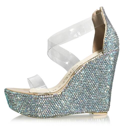 Marc Defang ANGELINA AB CRYSTAL Pageant Platform wedge heel prom shoe  DESCRIPTION Featured crystals: AB Crystals 5.5" heels, 1.75" platforms Clear toe strap featured, straps are structured comfortably to fit the feet silhouette. Medium Width, Strappy wedges Light weight, performs amazingly well on stage and runway. Size runs true to size based on US standard Regular Fit.  Available Sizes: 5.5, 6, 6.5, 7, 7.5, 8, 8.5, 9, 9.5, 10, 11 (Average 30 days before Arrival - custom made)