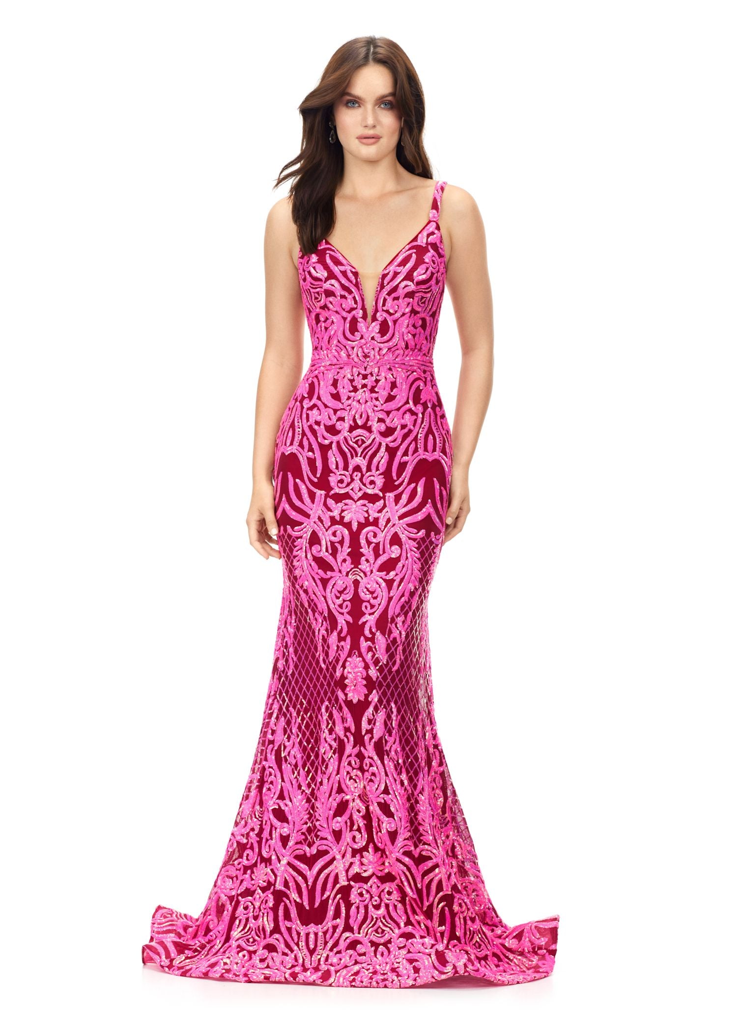 Ashley Lauren 11113 Burgundy Long Fitted Sequin Formal Prom Dress Pageant Gown V Neck Make a statement in this spaghetti strap stretch sequin gown. The bustier of the dress is accented by an illusion V-Neckline and deep V-Back. The skirt is finished with an horsehair hem.