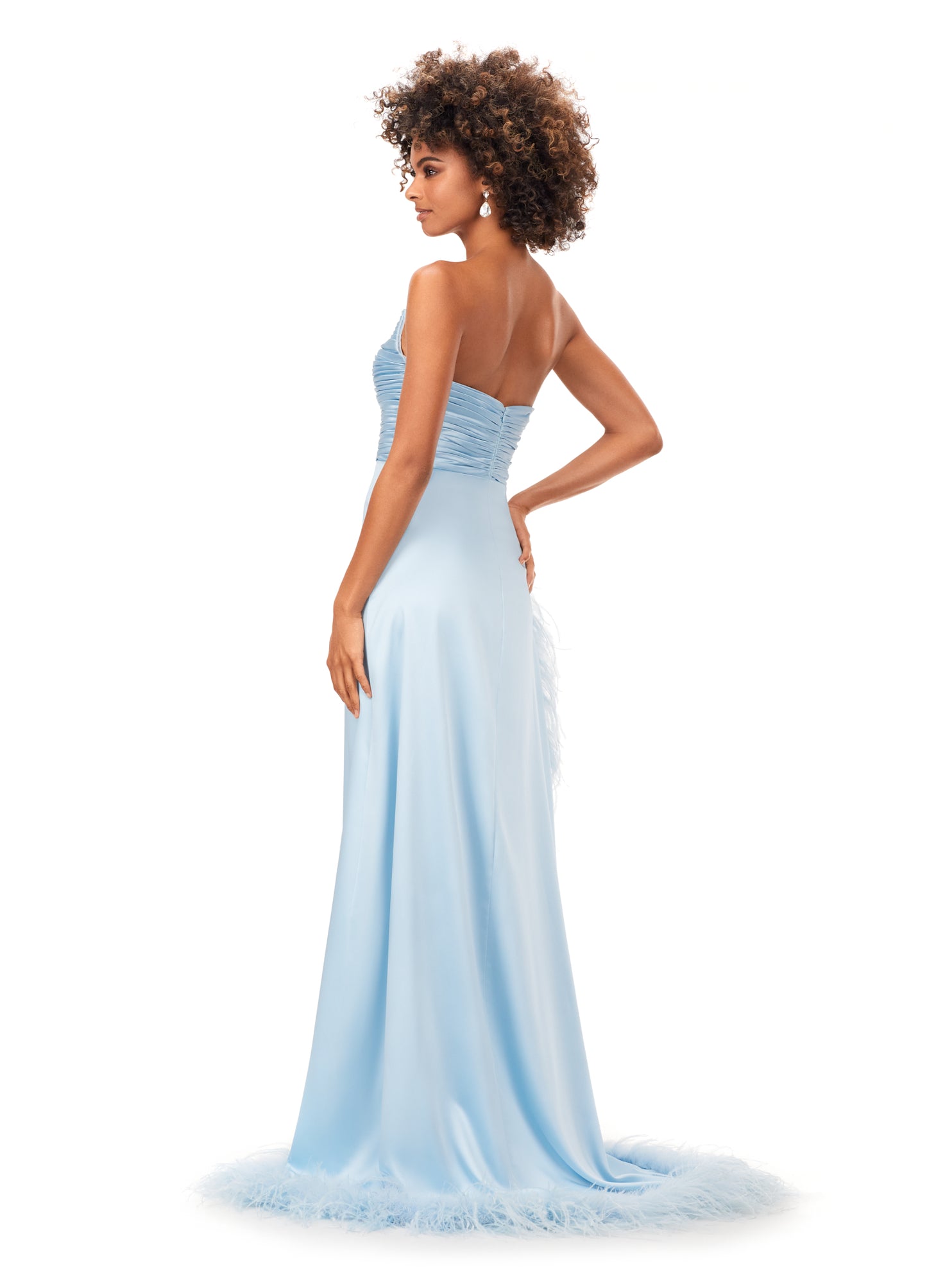 Ashley Lauren 11313 Sky Blue Prom, Pageant, Reception, Formal Evening Dress. We love a feather moment! This strapless satin gown features a ruched bodice giving way to a slight a-line skirt. The skirt is complete with a high right leg slit trimmed in feathers that continue to cascade down the hemline. back