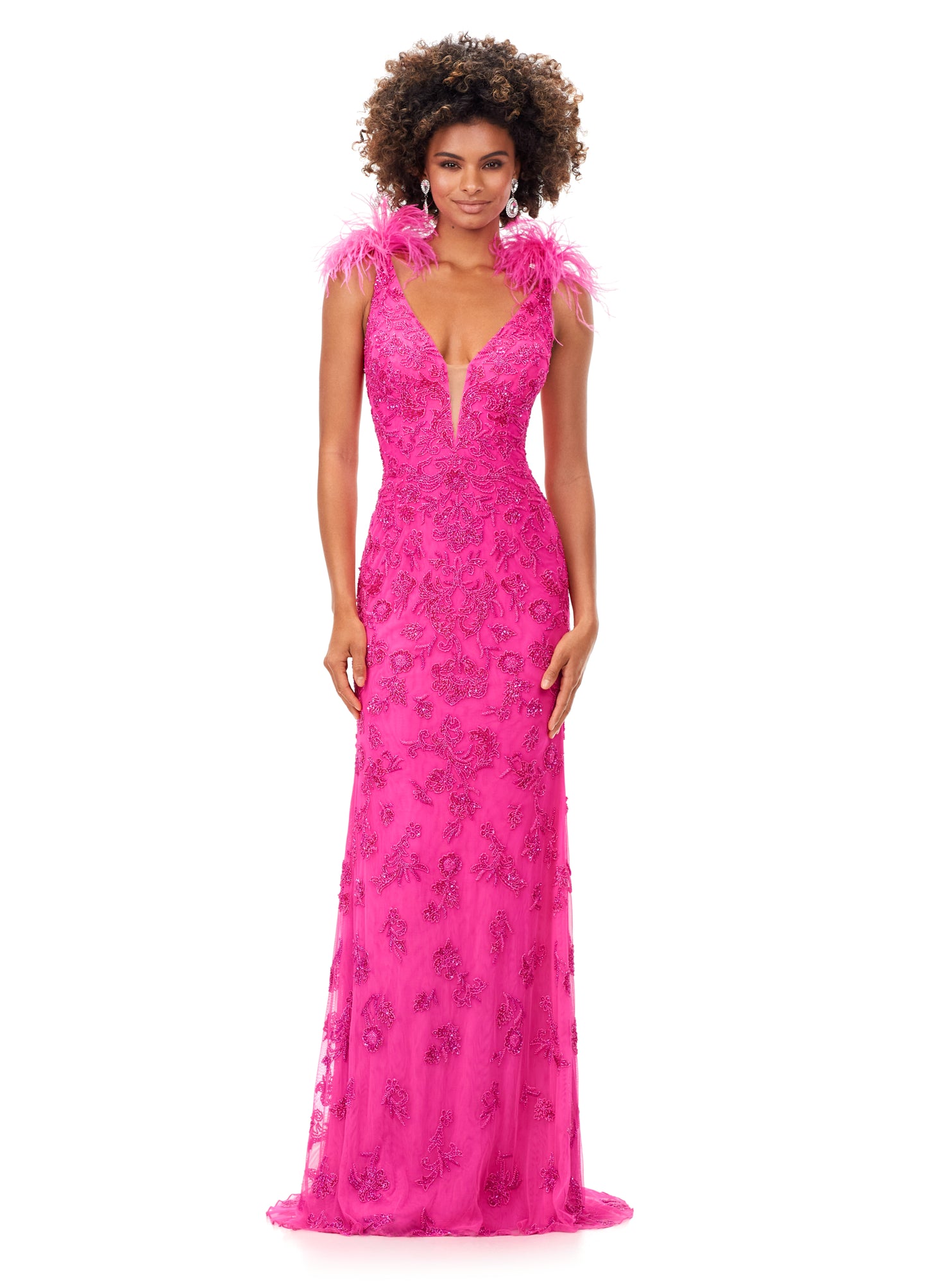 Ashley Lauren 11349 Beading and feathers! This style features a v-neckline complete with feather shoulder details. Gorgeous beading is scattered throughout the gown. V-Neckline Feather Shoulders V-Back Sweep Train COLORS: Hot Pink, Ivory, Sky, Black