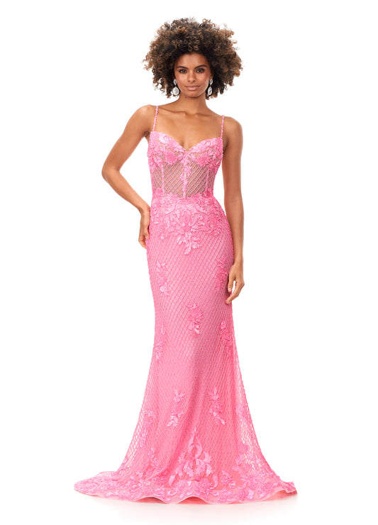 Ashley Lauren 11362 Candy Pink Fully Beaded Spaghetti Strap Prom Dress front