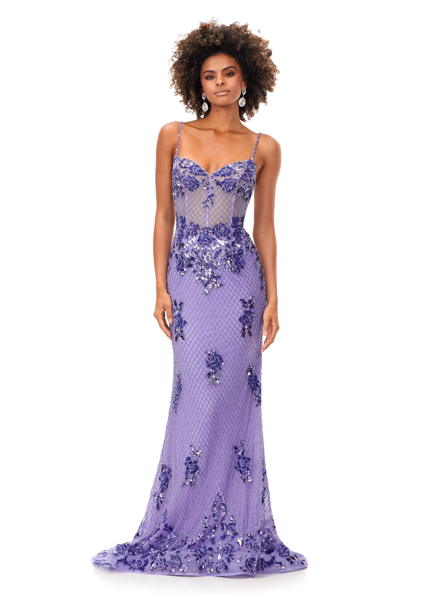 Ashley Lauren 11362 Fully Beaded Spaghetti Strap Prom Dress  This spaghetti strap gown features a sweetheart neckline giving way to a sheer illusion bustier. The bustier is embellished with intricate sequin details that cascade down onto the skirt and hemline. The look is complete with a sweep train.