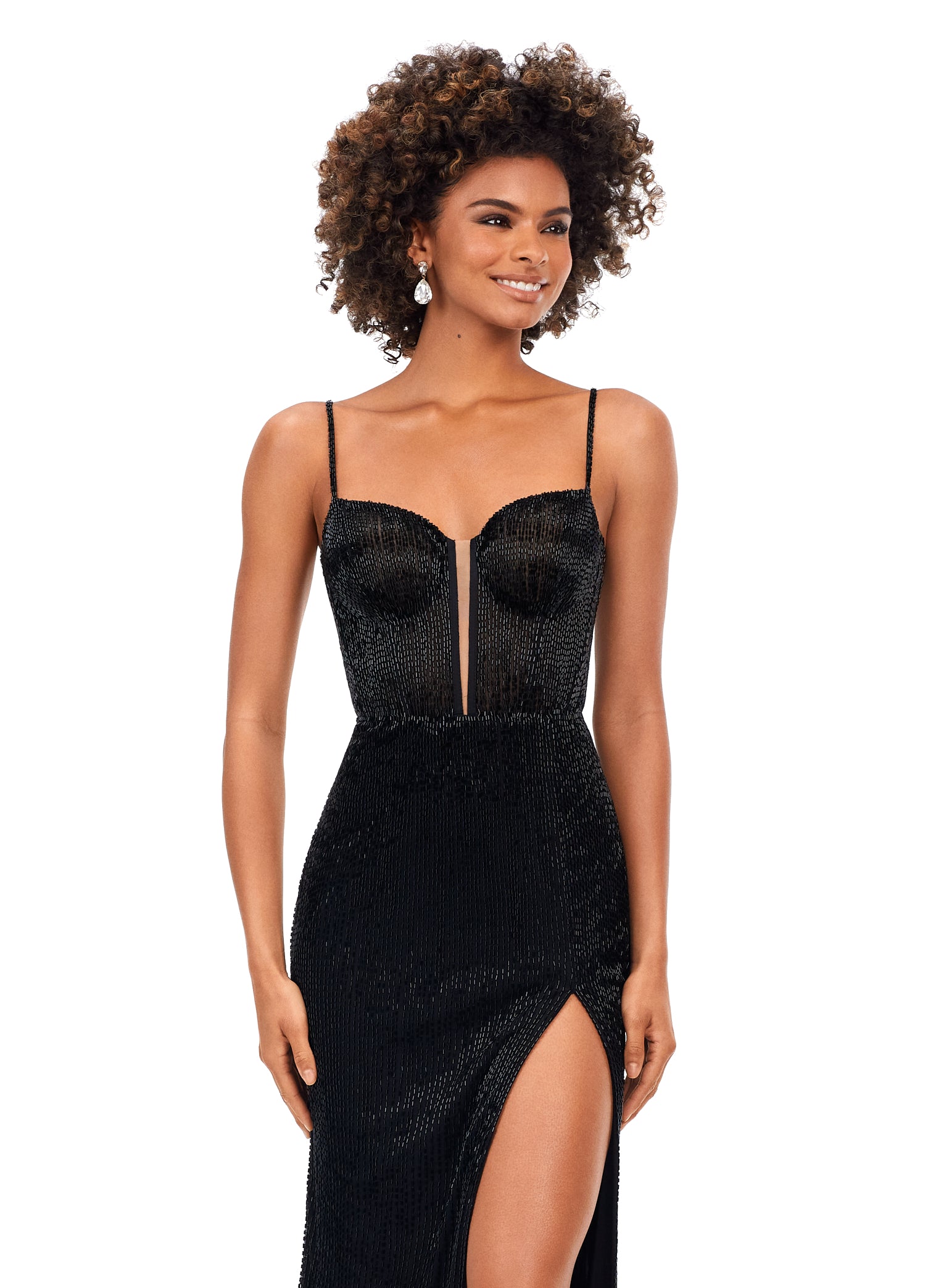 Ashley Lauren 11369 This Black liquid beaded style features an exposed bustier that is sure to accentuate your curves. The look is complete with sweep train and left leg slit.