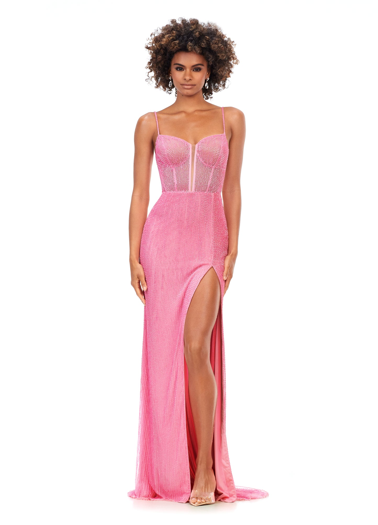 Ashley Lauren 11369 This Candy Pink liquid beaded style features an exposed bustier that is sure to accentuate your curves. The look is complete with sweep train and left leg slit.