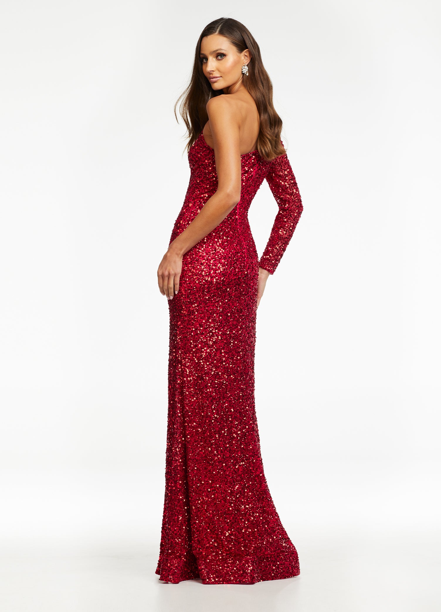 Ashley Lauren 1977 Electric Red Prom and Formal Evening Wear Pageant Dress.  Fitted hand beaded pageant gown featuring one sleeve and a left leg high slit. The long skirt on this evening gown is finished with horsehair trim for fullness. Makes an excellent pageant gown.   Electric Red size 8