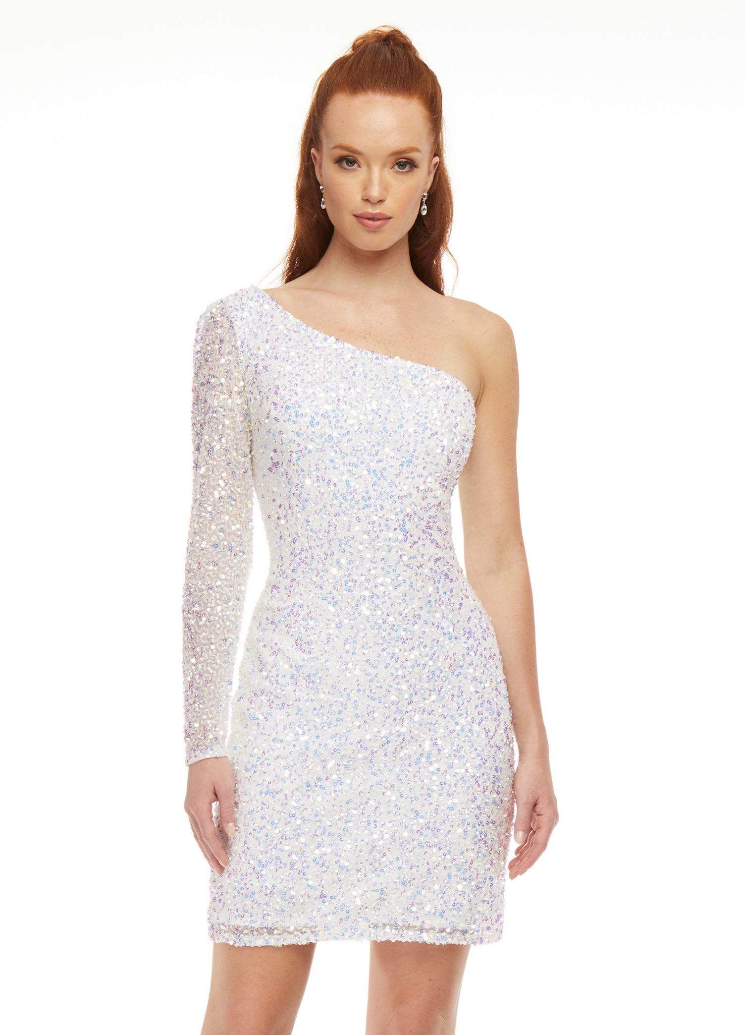 Ashley-Lauren-4457-AB-Ivory-cocktail-dress-front-one-shoulder-long-sleeve-fitted-sequin-homecoming-dress