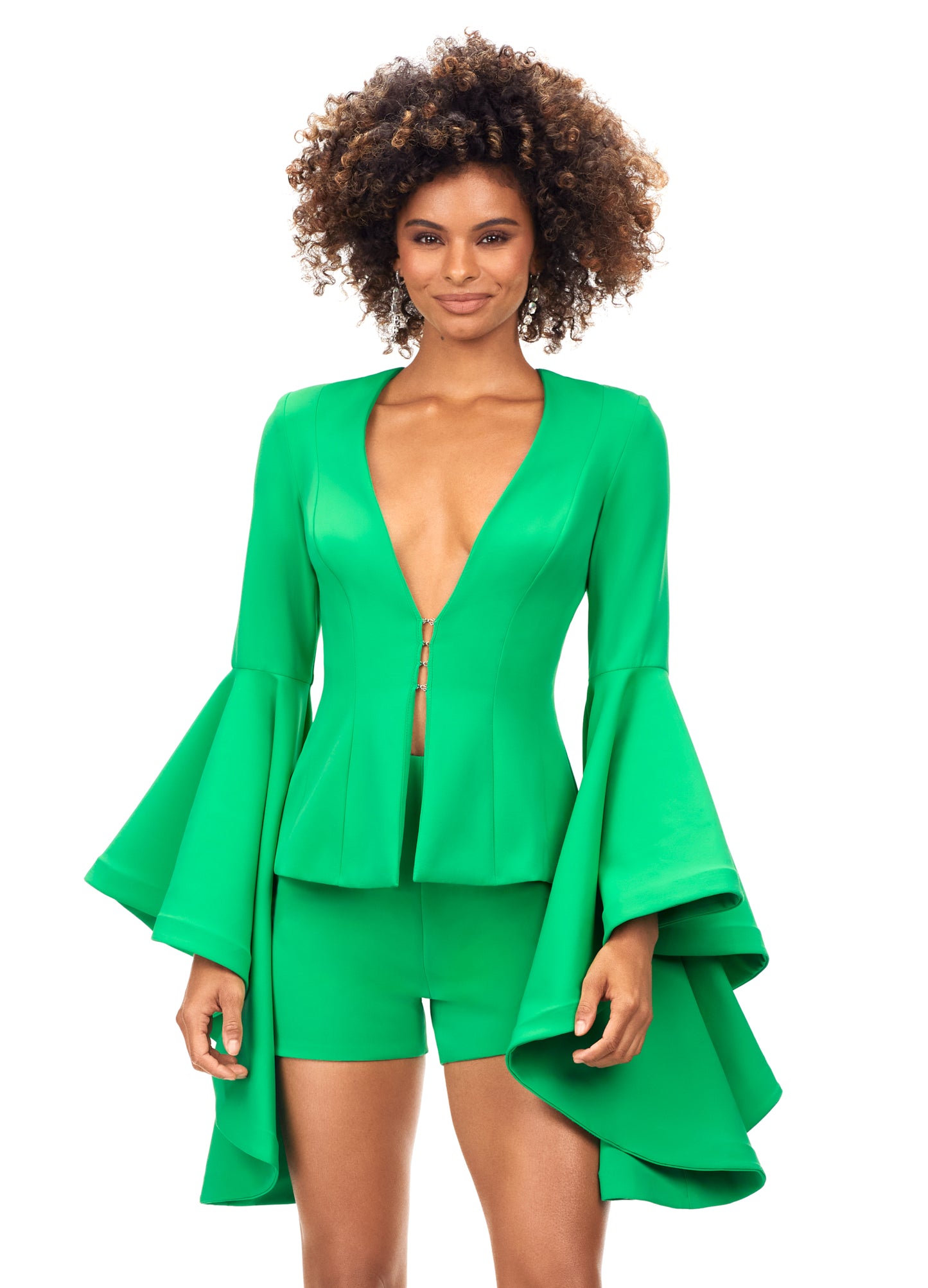 Ashley Lauren 4572 Make a statement in this fabulous two piece romper. The top features a deep v-neckline and dramatic bell sleeves. V-Neckline Bell Sleeves Two-Piece Romper COLORS: Fuchsia, Green, Neon Orange