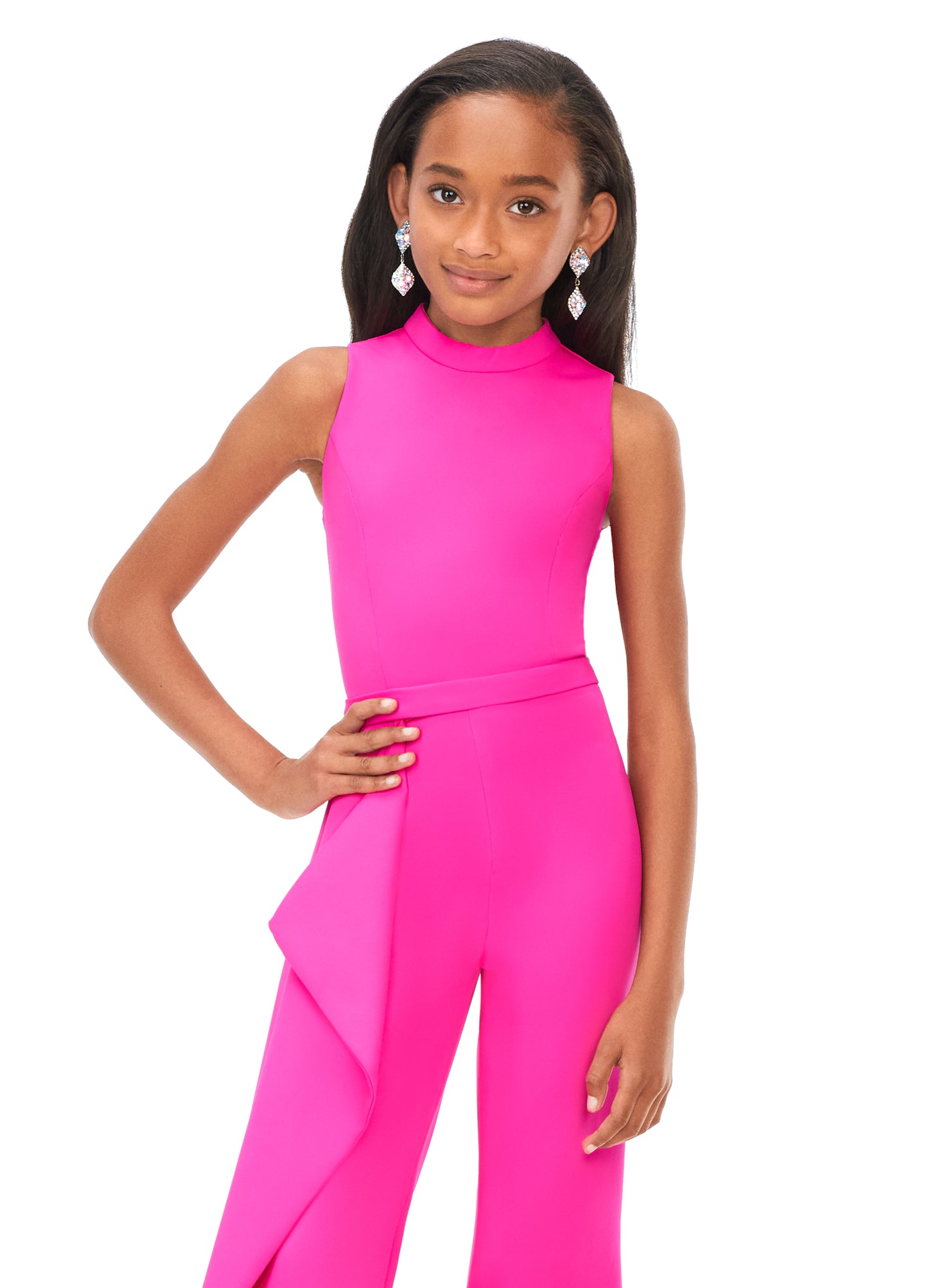 Ashley Lauren Kids 8158 Fuschia Girls Pageant Jumpsuit with Ruffle Side Scuba High Neckline