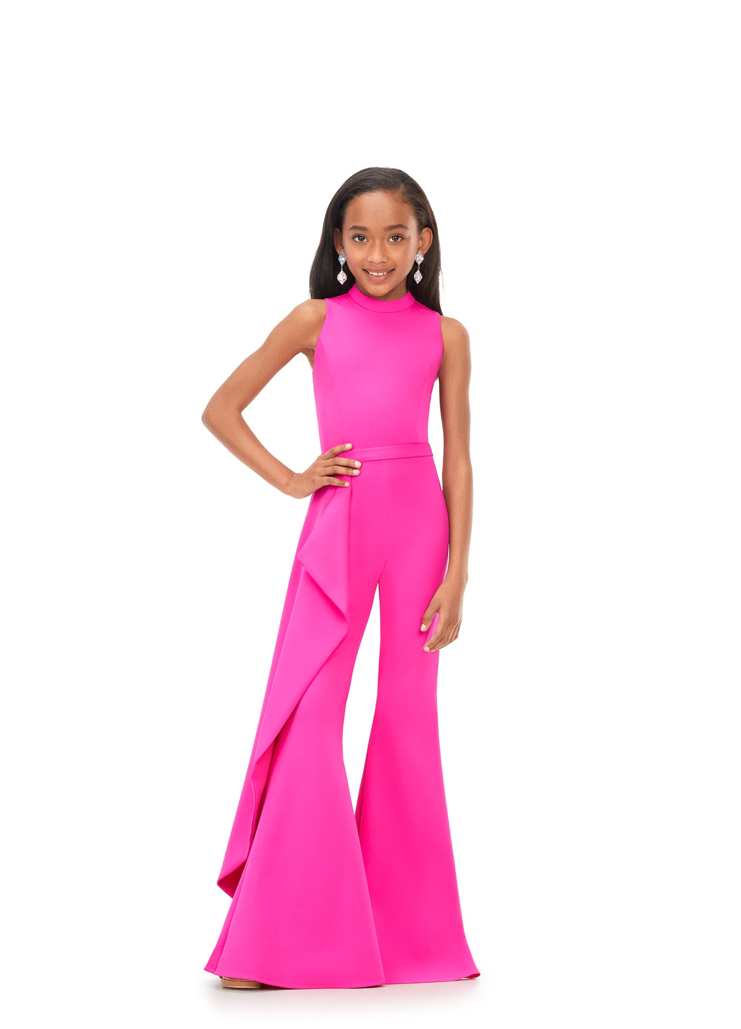 Ashley Lauren Kids 8158 Fuschia Girls Pageant Jumpsuit with Ruffle Side Scuba High Neckline