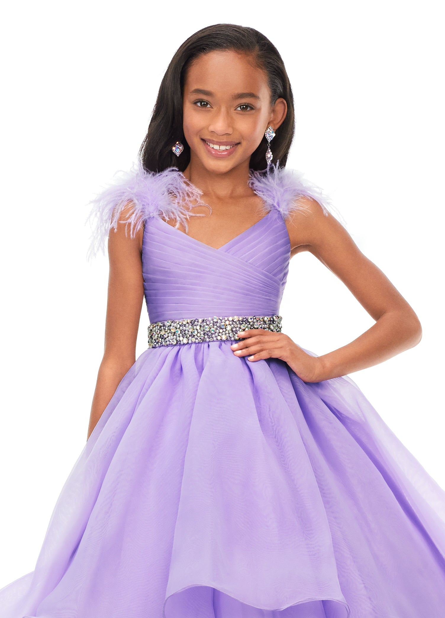 Ashley Lauren Kids 8184 Girls Pageant Dress Ball Gown with Feather Details  This organza kids ball gown features feather shoulders cascading to a crystal encrusted waistline. The layered skirt completes the look.