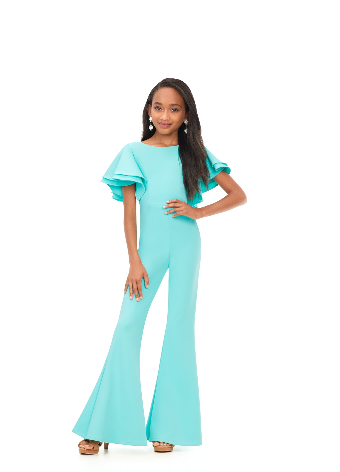 Ashley Lauren Kids 8156 Girls Crew neck jumpsuit with ruffle sleeves  The perfect jumpsuit for any occasion. This jumpsuit features a crew neckline, ruffle sleeves and flare bottom pants.