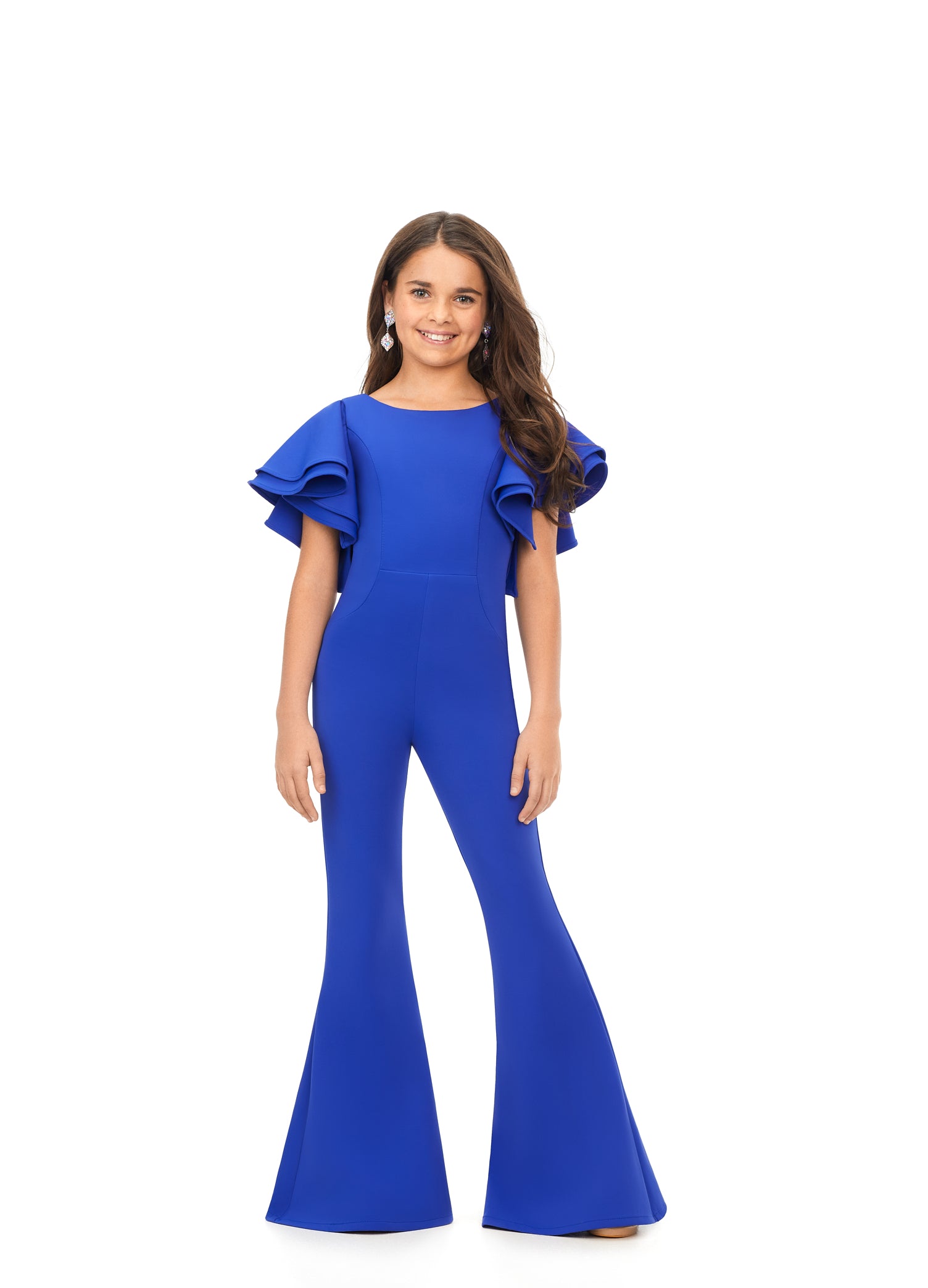 Ashley Lauren Kids 8156 Girls Crew neck jumpsuit with ruffle sleeves  The perfect jumpsuit for any occasion. This jumpsuit features a crew neckline, ruffle sleeves and flare bottom pants.