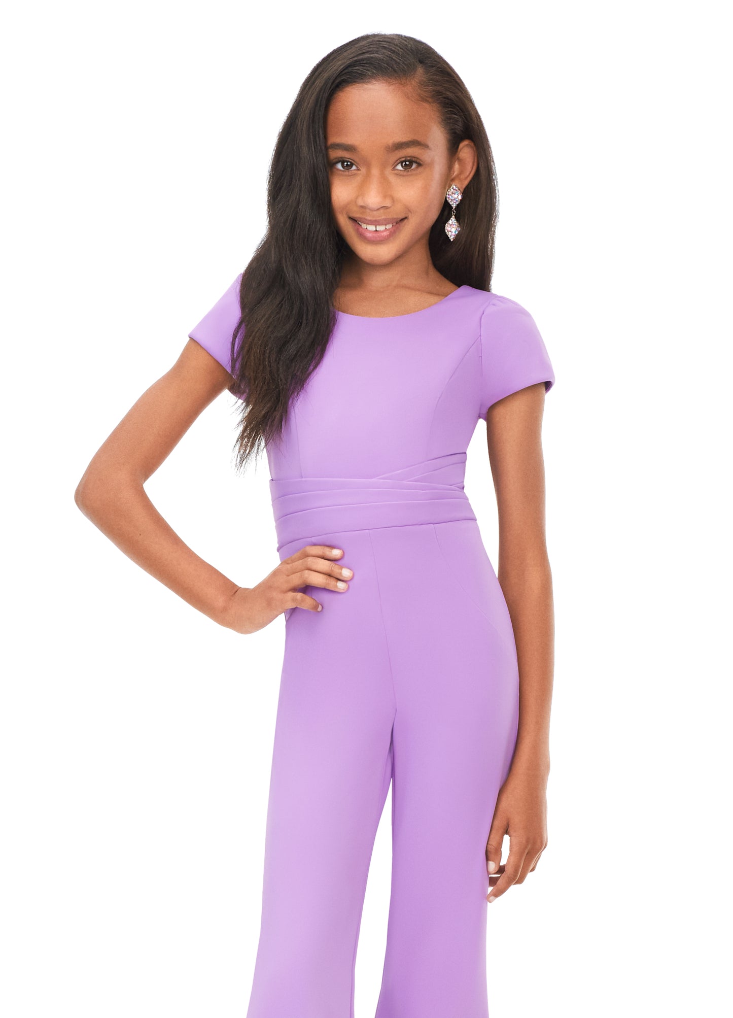 Ashley Lauren Kids 8157 Orchid Crew Neck Scuba Kids Pageant Jumpsuit with Cap Sleeves front close up