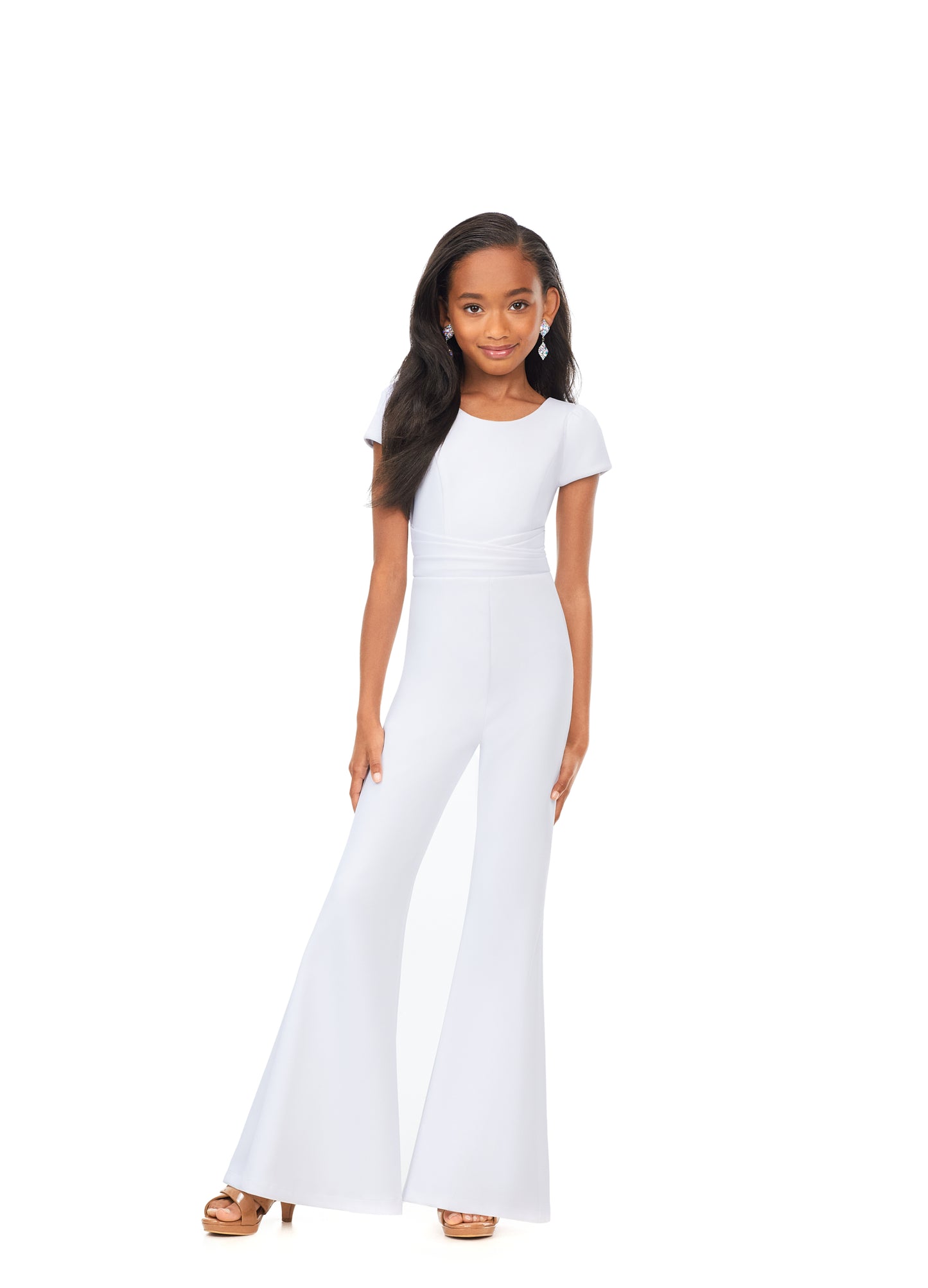 Ashley Lauren Kids 8157 White Girls Crew Neck Scuba Kids Pageant Jumpsuit with Cap Sleeves front