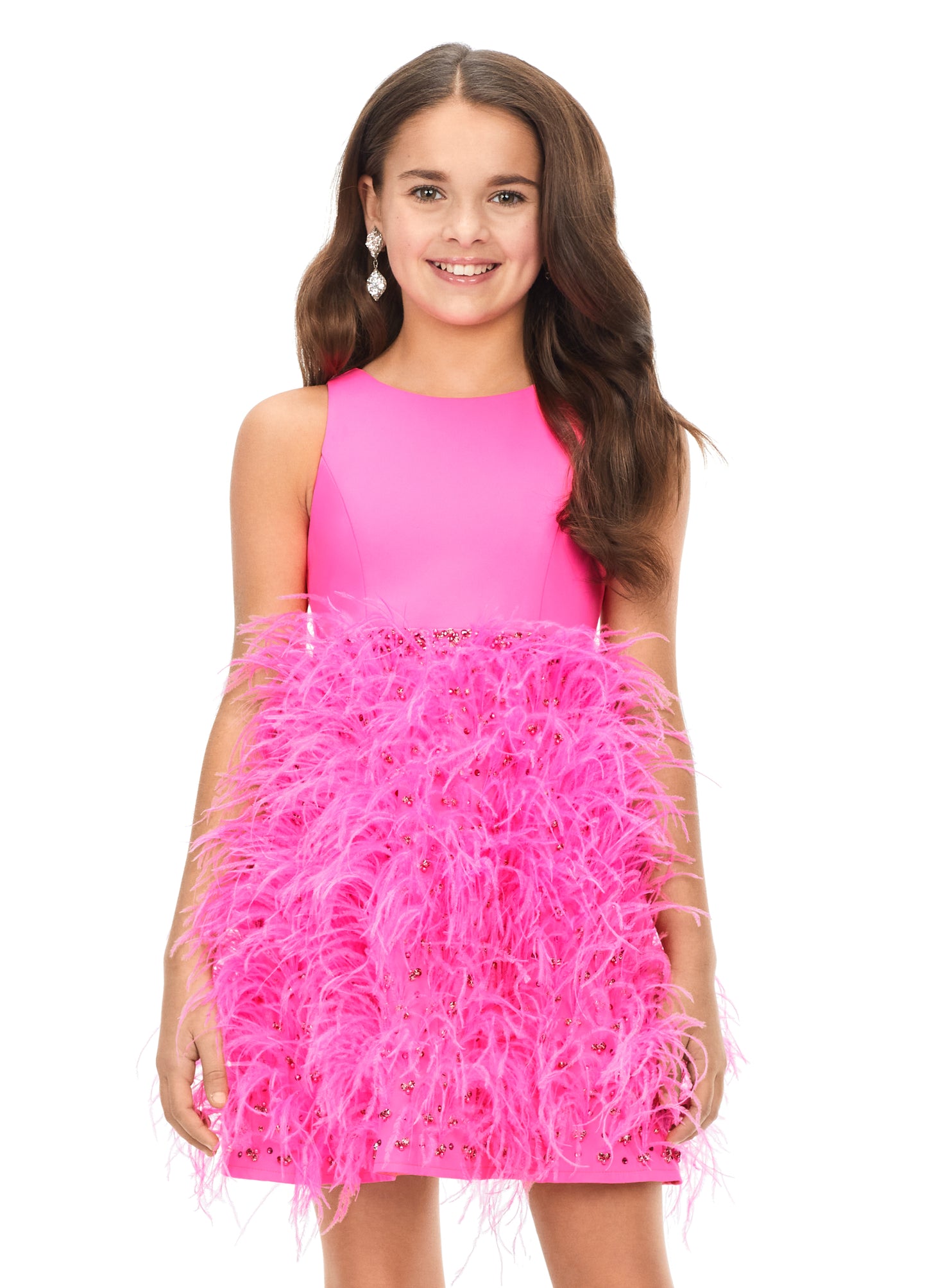 Ashley Lauren Kids 8176 Girls Pageant Cocktail Dress with Feathers and Crystals  This fabulous feather cocktail dress features a crew neckline giving way to a crystal encrusted waistband. The full feather skirt is accented by scattered crystals.