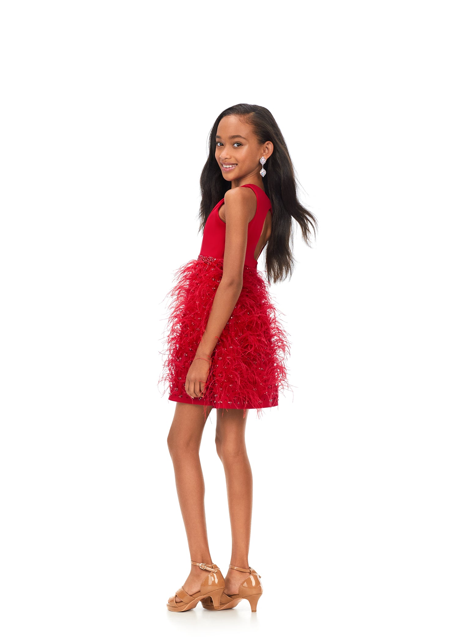 Ashley Lauren Kids 8176 Girls Pageant Cocktail Dress with Feathers and Crystals  This fabulous feather cocktail dress features a crew neckline giving way to a crystal encrusted waistband. The full feather skirt is accented by scattered crystals.