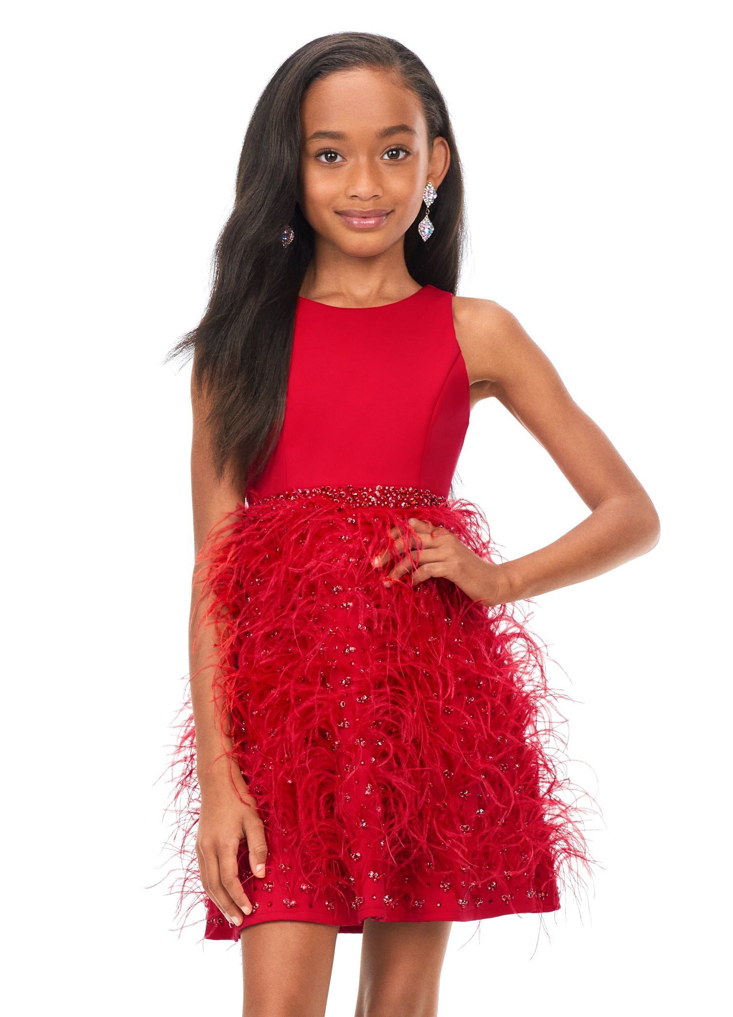 Ashley Lauren Kids 8176 Girls Pageant Cocktail Dress with Feathers and Crystals  This fabulous feather cocktail dress features a crew neckline giving way to a crystal encrusted waistband. The full feather skirt is accented by scattered crystals.