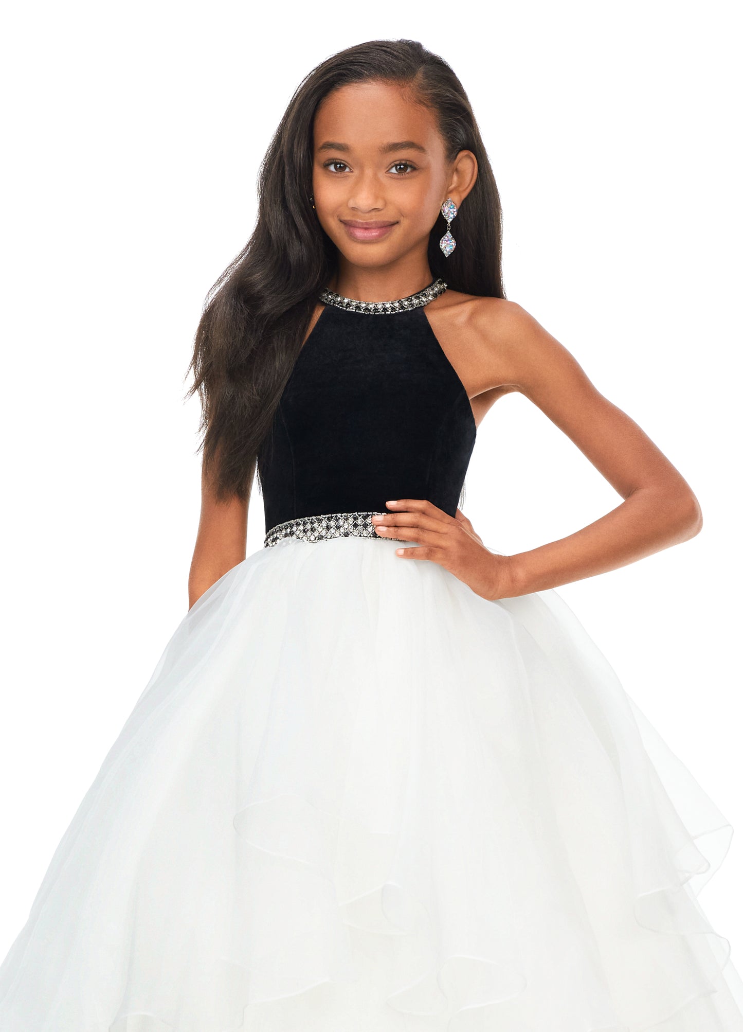 Ashley Lauren Kids 8179 Girls Halter Ball Gown Pageant Dress with Handkerchief Skirt   This kids halter style ball gown is accented with a velvet bodice. The neckline and waistline are embellished with crystal details. The full organza handkerchief style skirt is sure to wow!