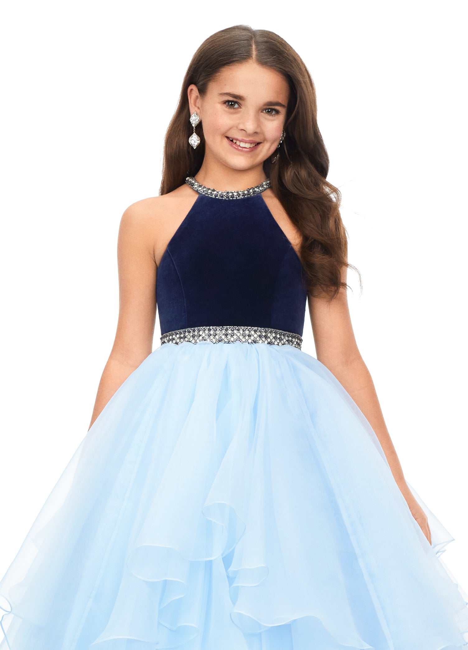 Ashley Lauren Kids 8179 Girls Halter Ball Gown Pageant Dress with Handkerchief Skirt   This kids halter style ball gown is accented with a velvet bodice. The neckline and waistline are embellished with crystal details. The full organza handkerchief style skirt is sure to wow!