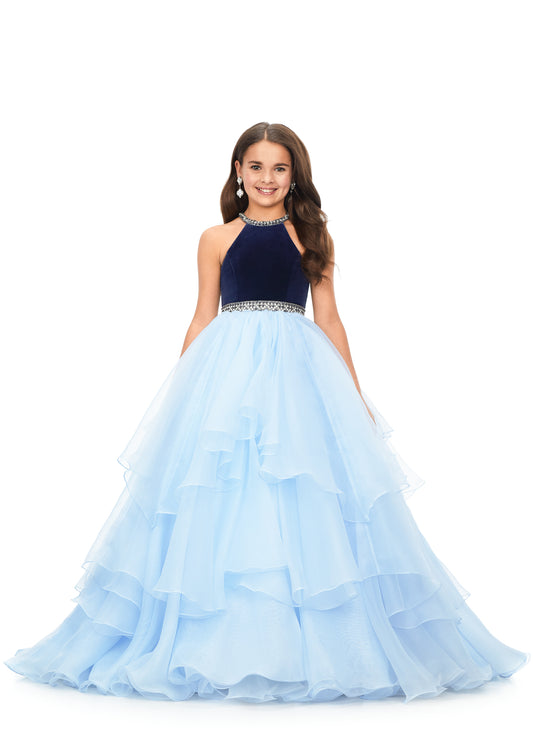 Ashley Lauren Kids 8179 Girls Halter Ball Gown Pageant Dress with Handkerchief Skirt   This kids halter style ball gown is accented with a velvet bodice. The neckline and waistline are embellished with crystal details. The full organza handkerchief style skirt is sure to wow!