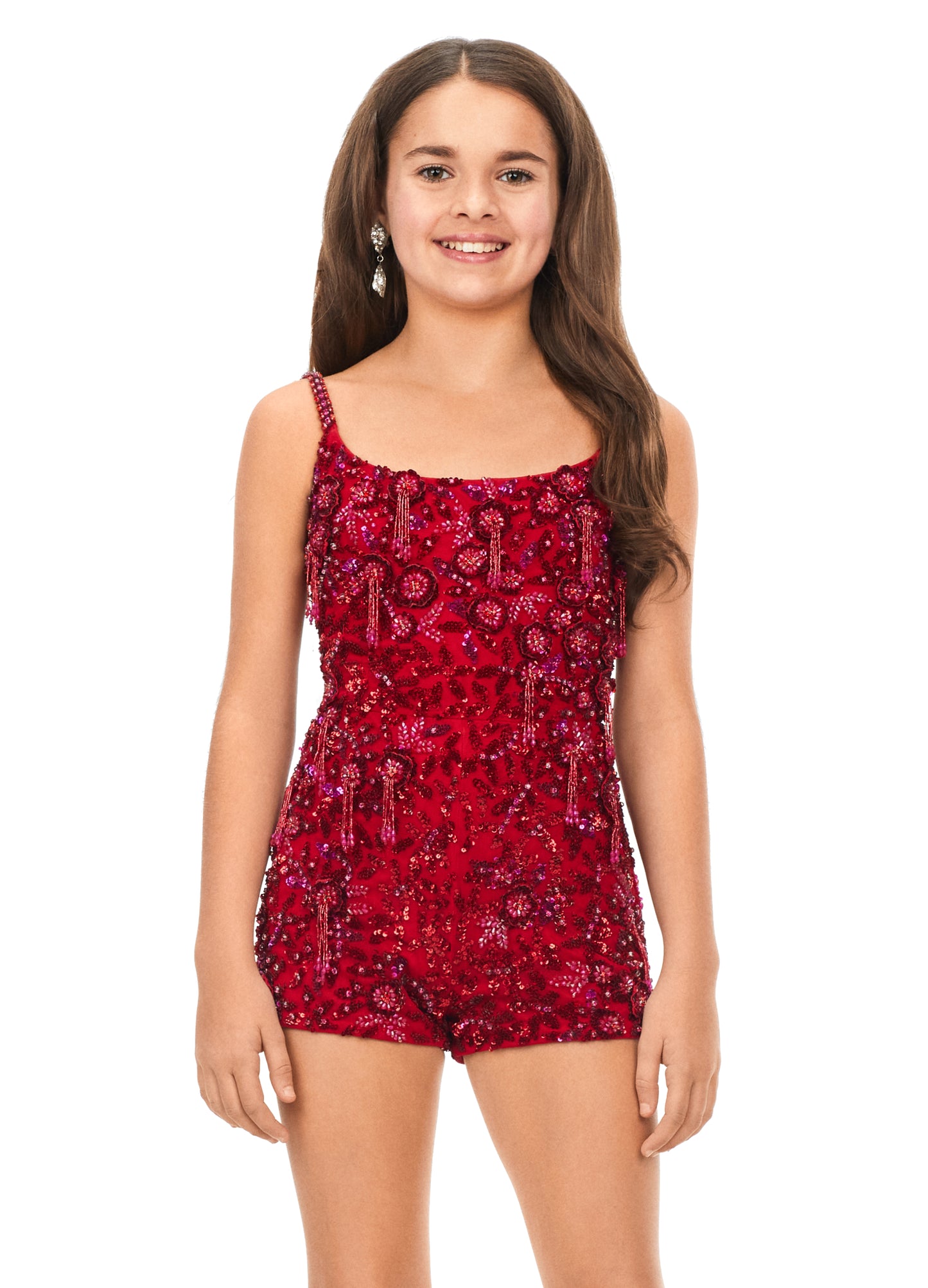 Ashley Lauren Kids 8186 Girls Beaded Romper with Fringe  This kids romper features a scoop neckline with spaghetti straps. The beaded romper is embellished with scattered 3-dimensional beaded appliques with fringe throughout.