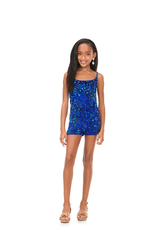 Ashley Lauren Kids 8186 Girls Beaded Romper with Fringe  This kids romper features a scoop neckline with spaghetti straps. The beaded romper is embellished with scattered 3-dimensional beaded appliques with fringe throughout.