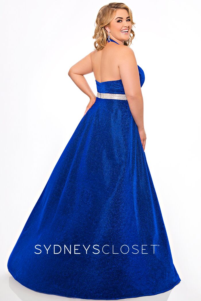 Sydneys Closet SC7289 Plunging V neckline with mesh panel embellished belt long a line shimmer prom dress plus sized formal evening gown