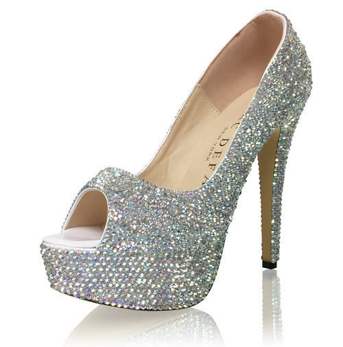 Marc Defang Barbi AB Crystal Platform Heel Prom Shoe  DESCRIPTION Featured crystal color: AB crystals Peep toes pumps, Heel height: 6" heels, 2" platforms  100% custom handmade product. Breathtaking craftsmanship Medium width, run true to size Available Sizes: 5.5, 6, 6.5, 7, 7.5, 8, 8.5, 9, 9.5, 10, 11 (Average 30 days before Arrival - custom made)