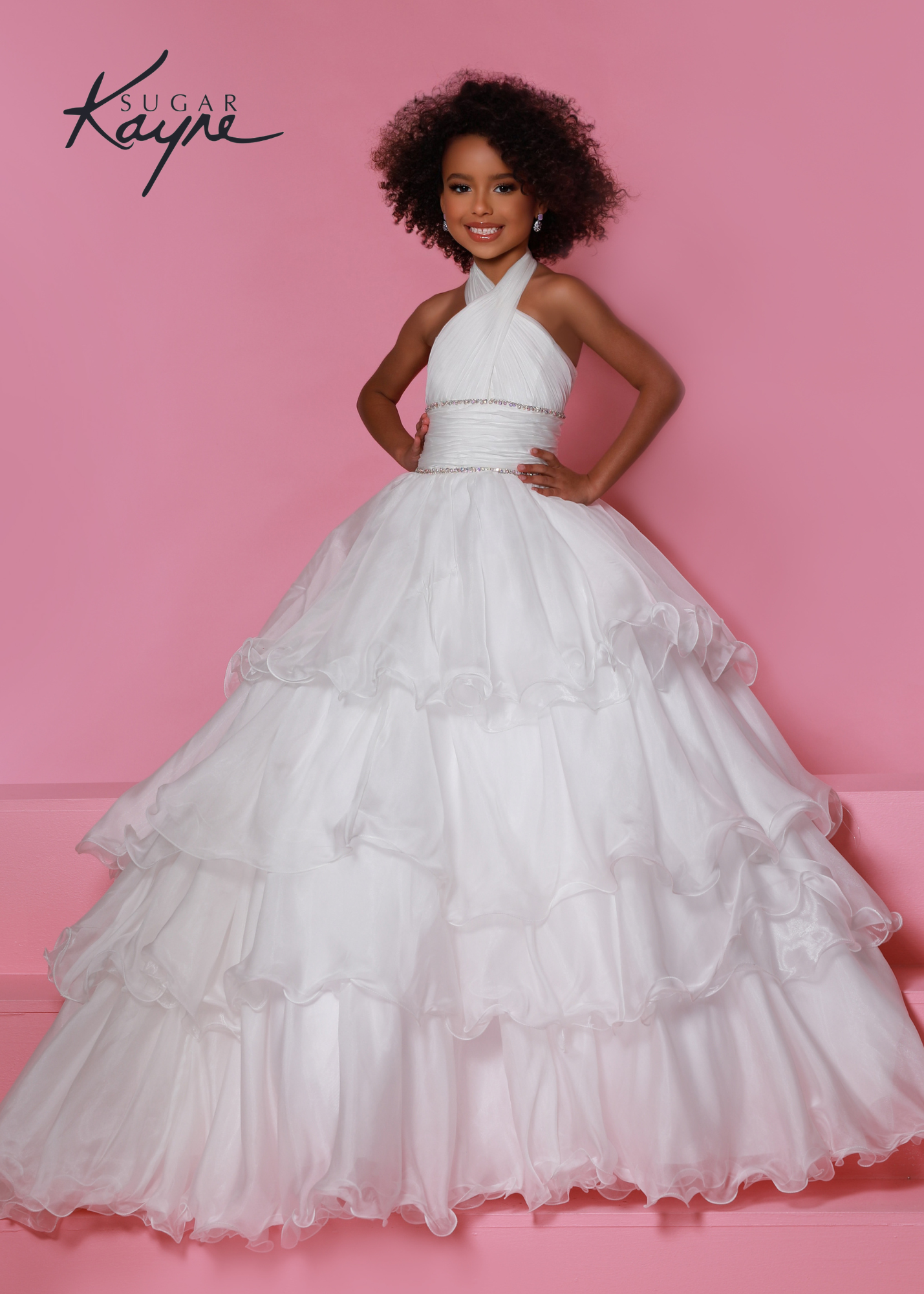 Sugar Kayne C305 Layer Girls Ruffle Pageant Ball Gown Cape Halter Formal Dress Oh s'cute!! This poly chiffon layered ballgown features a crisscross halter neckline with beaded trim along the waist. The train will float seamlessly across the stage, especially with the detachable cape.  Colors: Baby Blue, Lemon, White  Sizes: 2, 4, 6, 8, 10, 12, 14, 16  Fabric Poly Chiffon, Satin Lining