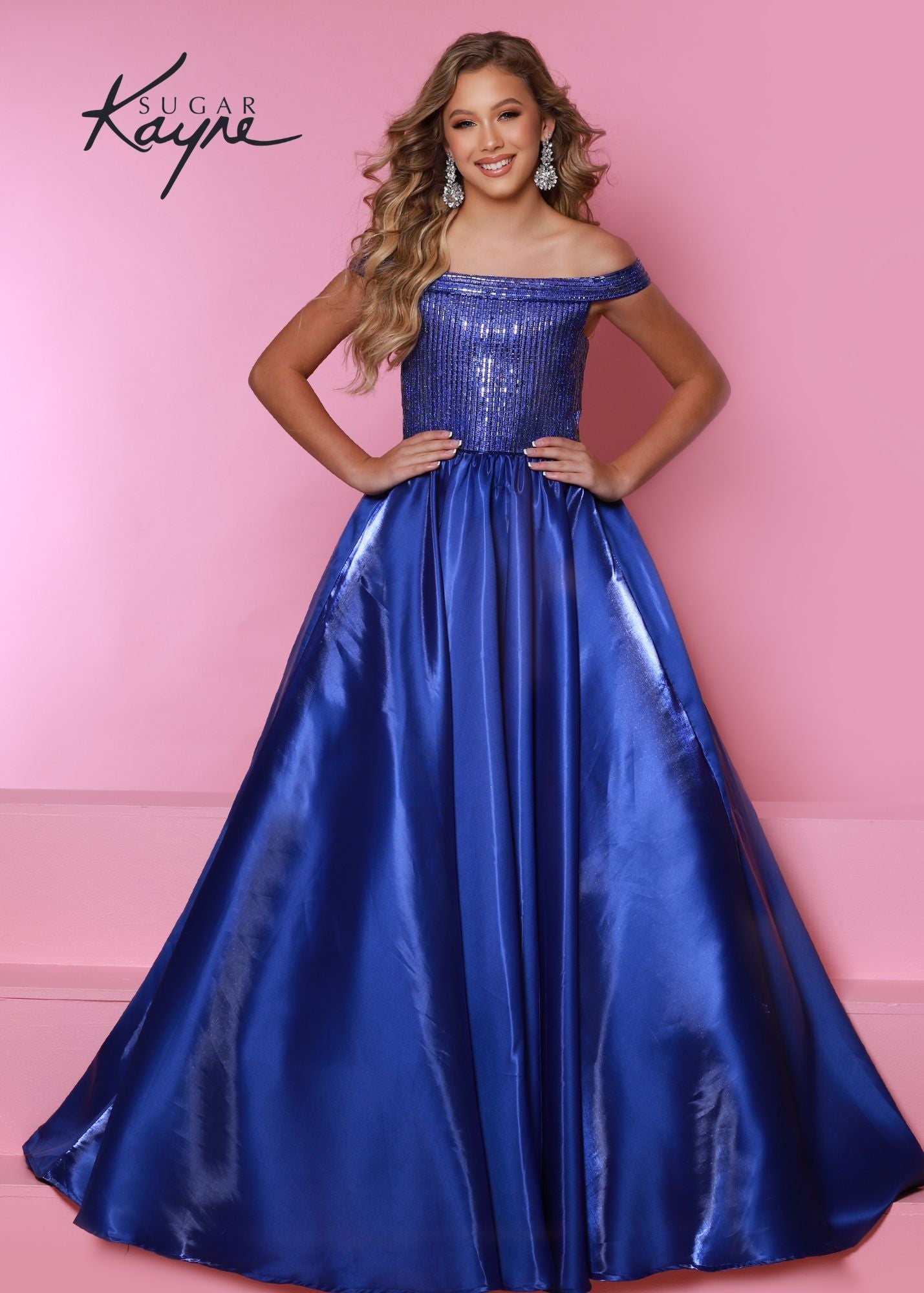 Sugar Kayne C313 Long Shimmer Satin off the shoulder Girls Pageant Dress Crystal Bodice Product Details Twinkle twinkle little star – what a princess you will be! Shine bright in this shimmer satin ballgown. The bodice is completed with fully beaded rhinestone trim and off-the-shoulder straps.  Color Aqua, Royal, Red, White  Size 2, 4, 6, 8, 10, 12, 14, 16  Fabric Shimmer Satin, Satin Lining