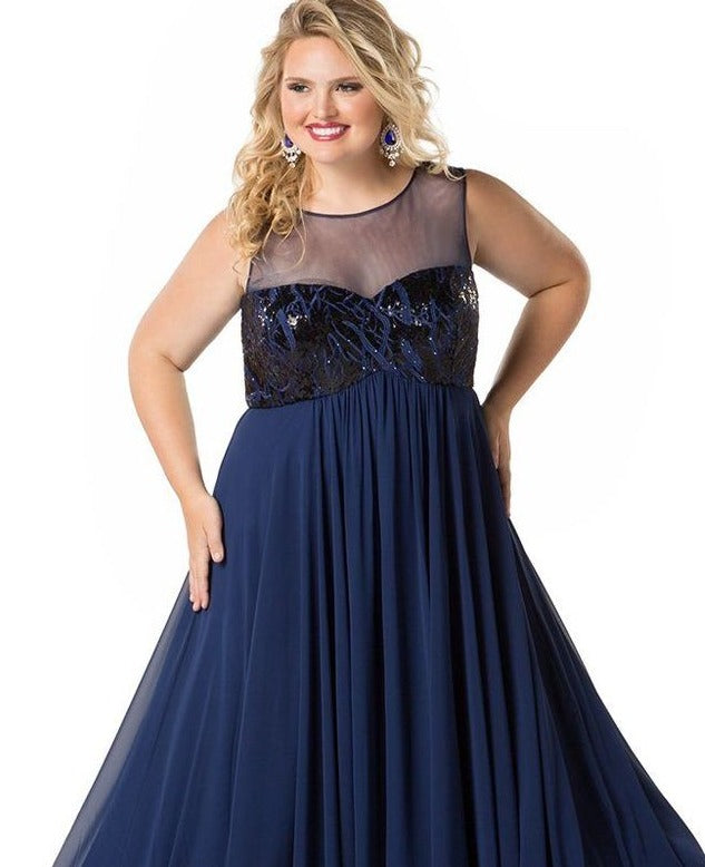 Sydney's Closet 1810 Size 28 Long Prom Dress High Neck Flowing Navy Plus