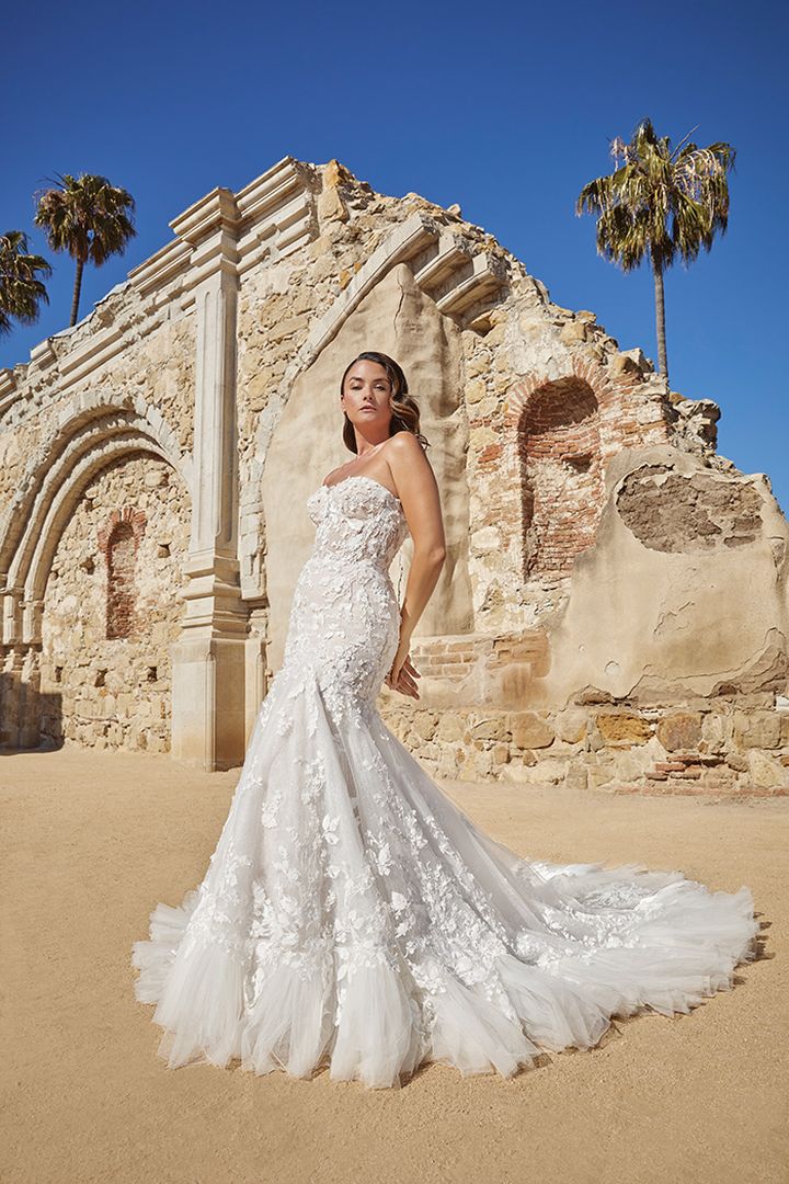 Casablanca Bridal 2471 Paulina Wedding Dress Lace Ruffled Hem Detachable Off the Shoulder Sleeves White