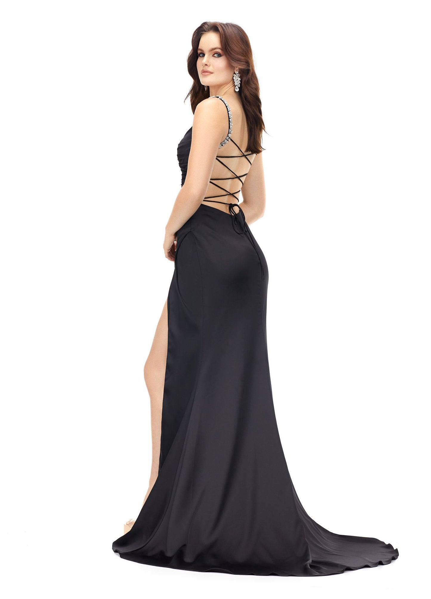 Ashley Lauren 11298 Ruched Satin Gown with Lace Up Back