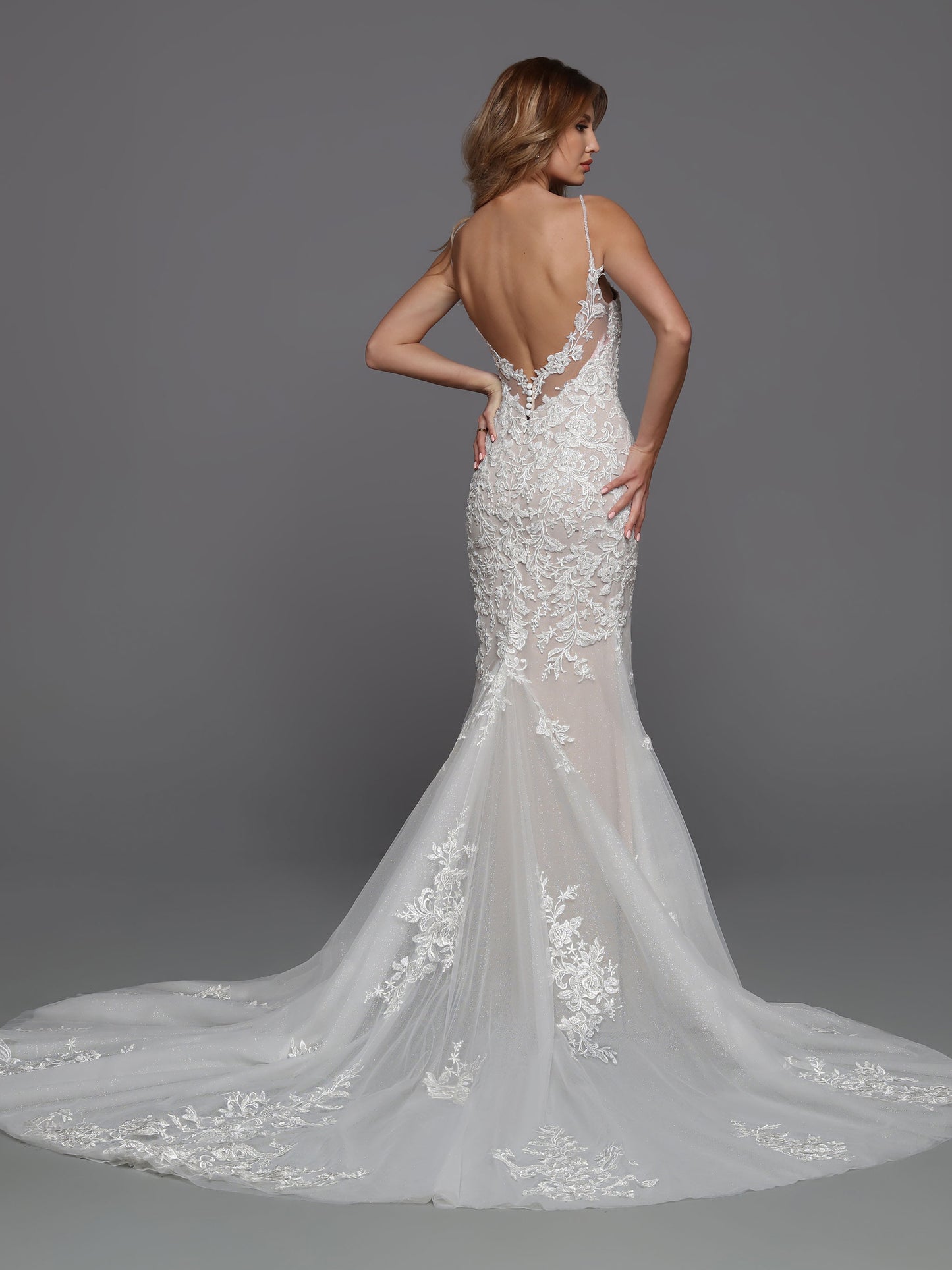 DaVinci Bridal 50720 Lace Wedding Dress Column Detachable Overskirt V Neckline Sheer Back  This is a long beautiful wedding dress with a deep v neckline and sheer panel.  The back is mid back and has sheer lace.  It is a long column bridal gown with a long train. 