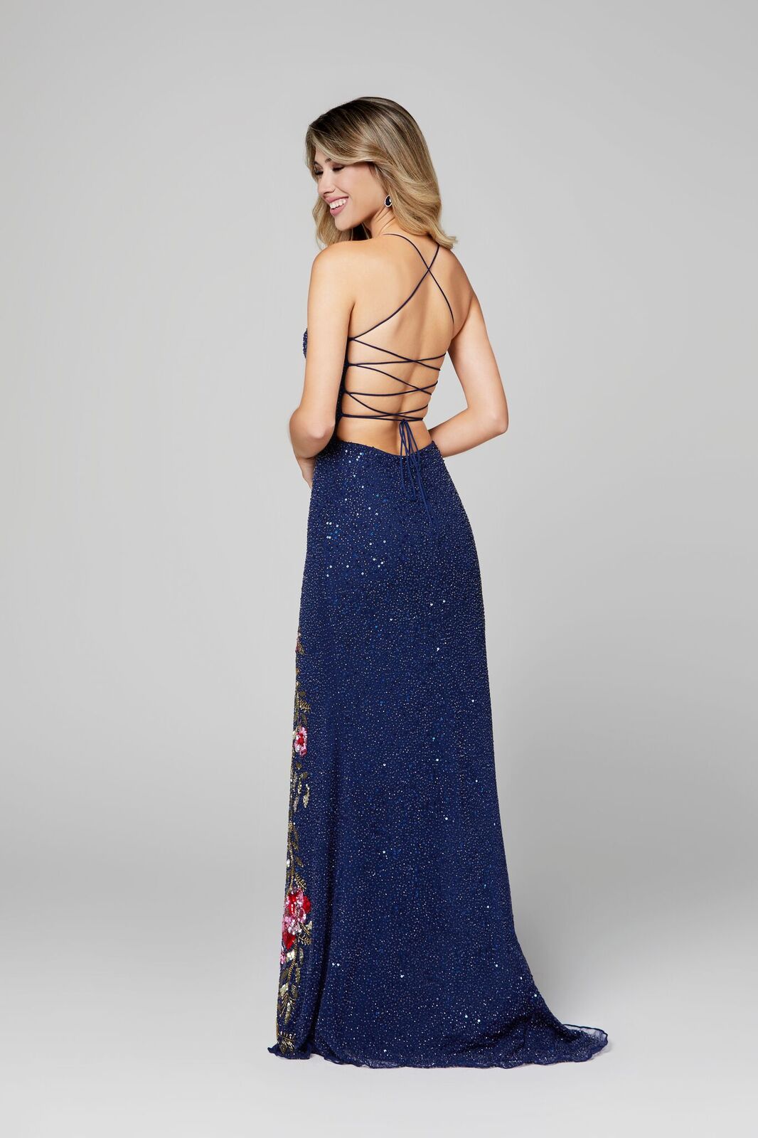 Primavera Couture 3427 size 4, 10 Royal Blue sequin beaded prom dress floral slit details