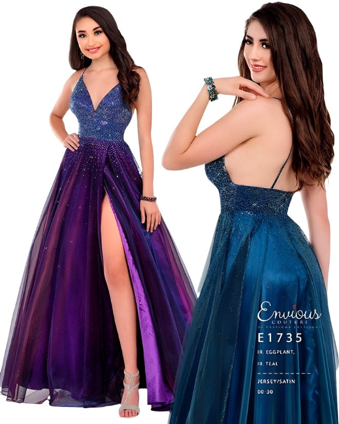 Envious-Couture-E1735-iridescent-eggplant-teal-prom-dress-front-back-embellished-v-neckline-A-line-wrap-skirt-high-slit