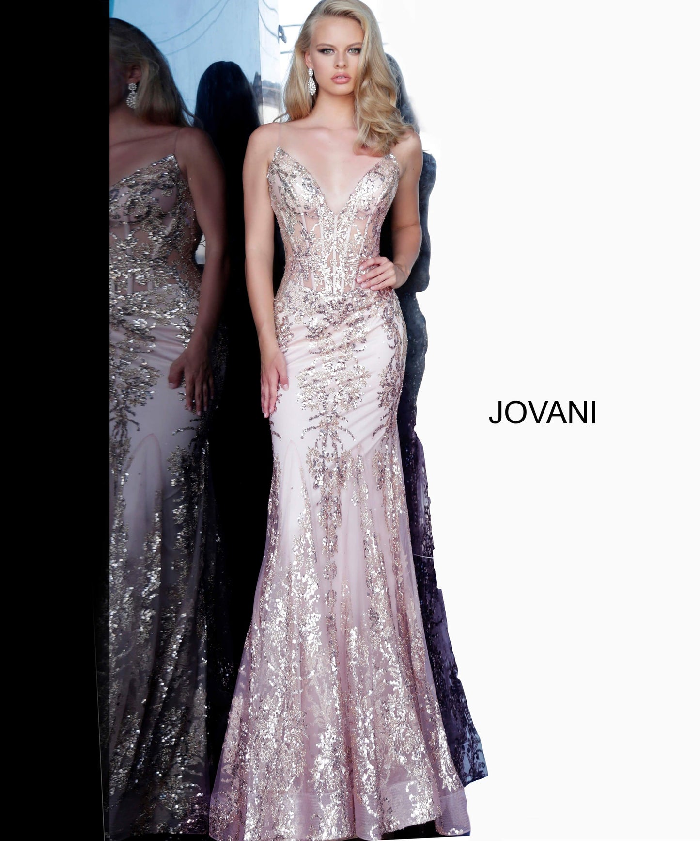 Shine like a Diamond in Jovani 3675! This Gown Features an Embellished Sheer Corset Style Bodice with a Deep V Neckline. Mermaid Silhouette with a Glitter & Crystal Overlay on Tulle. 