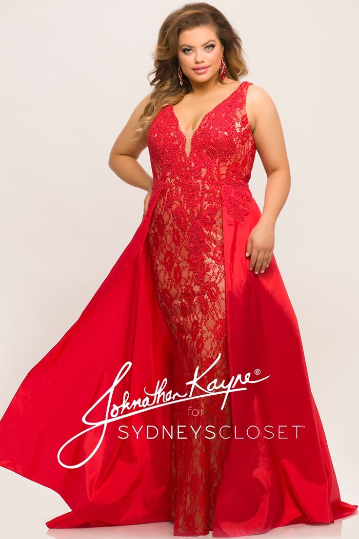 Johnathan Kayne for Sydneys Closet JK2016 Stingray halter neckline fitted lace plus size prom dress with flowy chiffon overskirt  Evening gown pageant gown