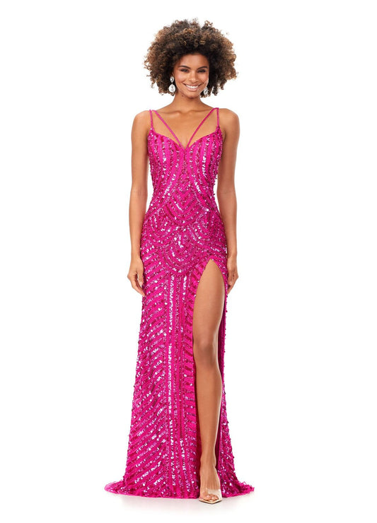 Ashley Lauren 11363 This stunning gown is hand beaded with sequins in an intricate, detailed pattern. Featuring an open back and spaghetti straps, the dress is complete with a left leg slit. Sweetheart Neckline Spaghetti Straps Open Back Left Leg Slit COLORS: Hot Pink, Red, Black, Gold